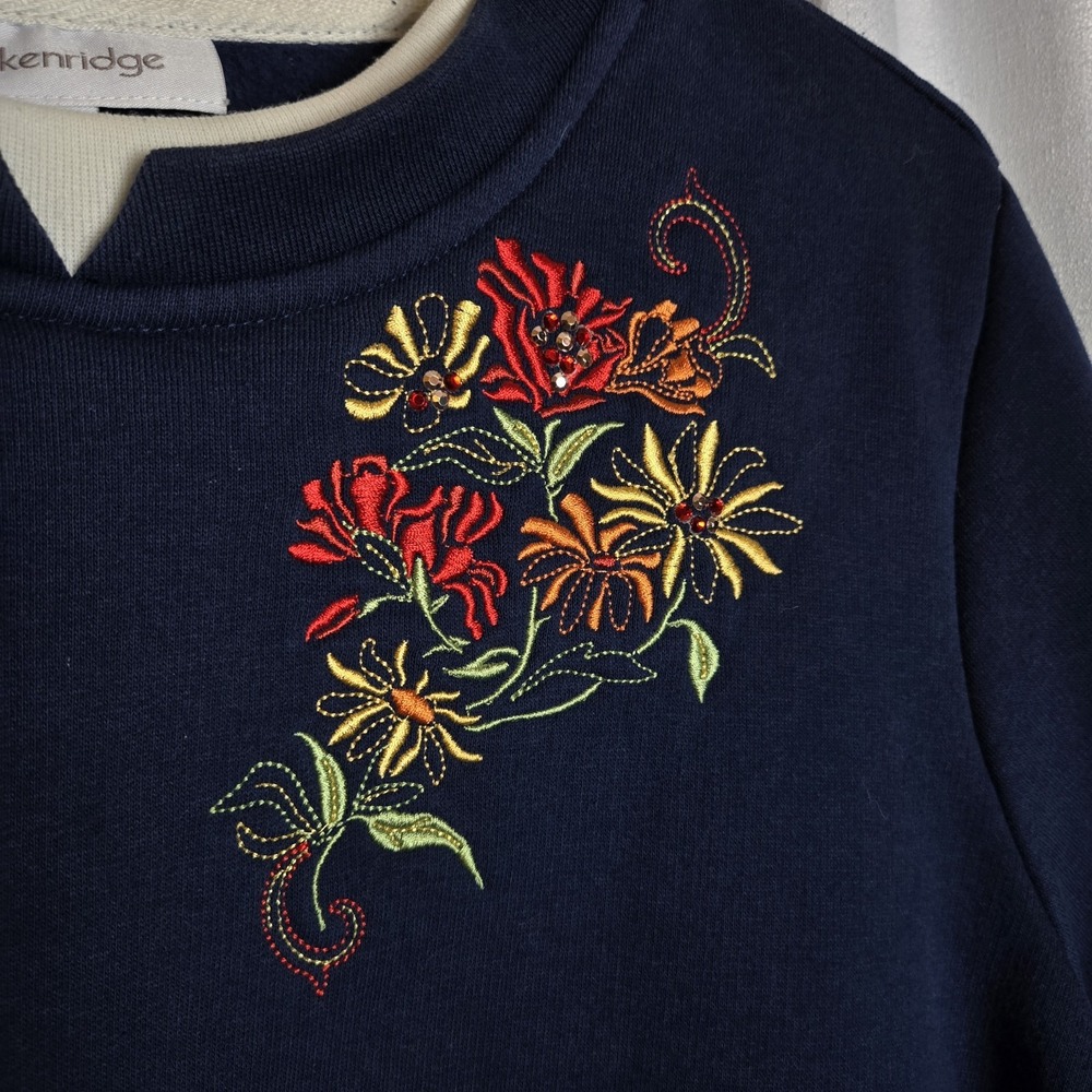 Breckenridge Womens Navy‎ Blue Floral Embroidered Beaded Fleece Sweatshirt L